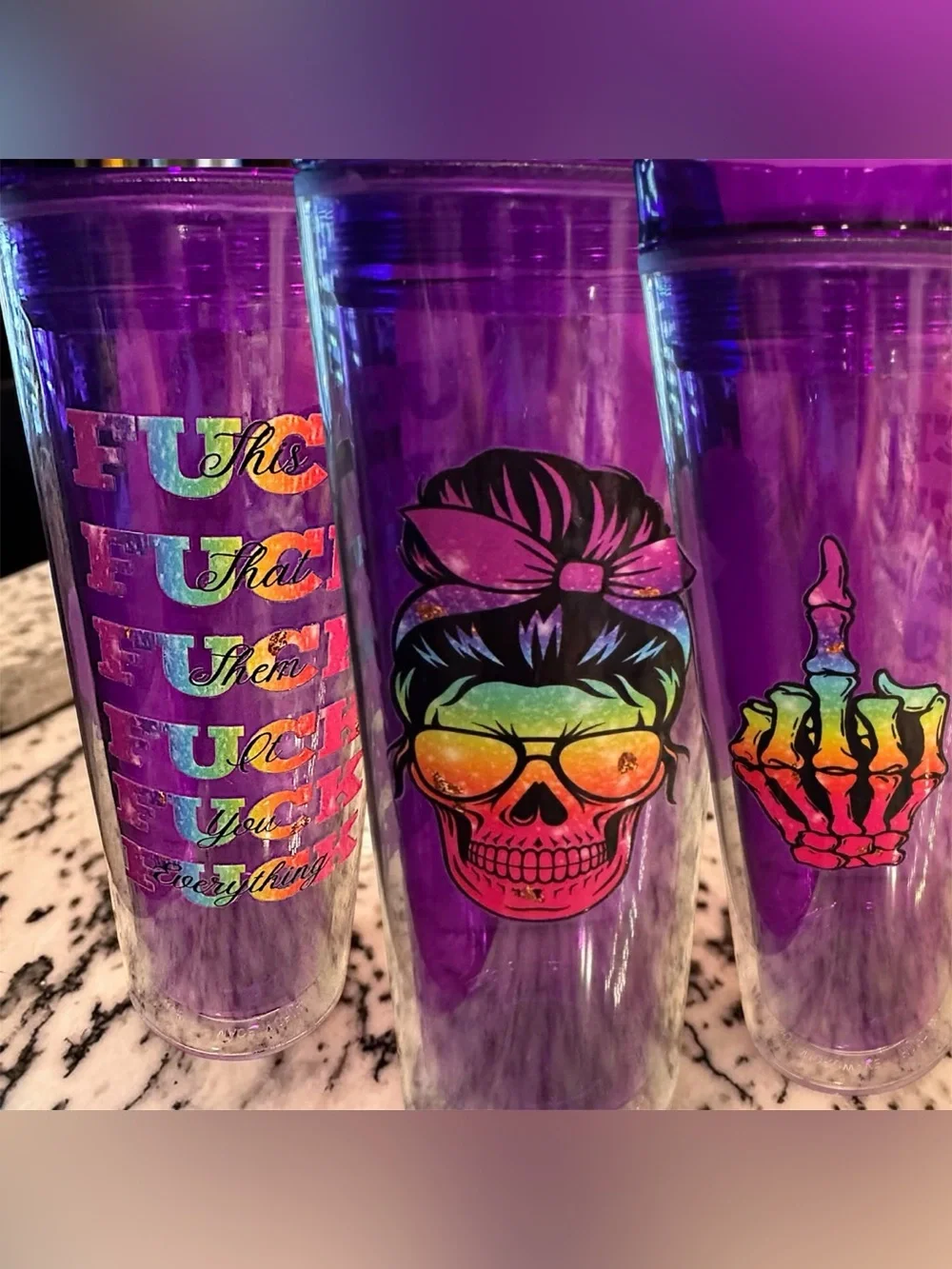 Fuckkk Purple Rainbow Skull Tumbler - NEW IN BOX plastic